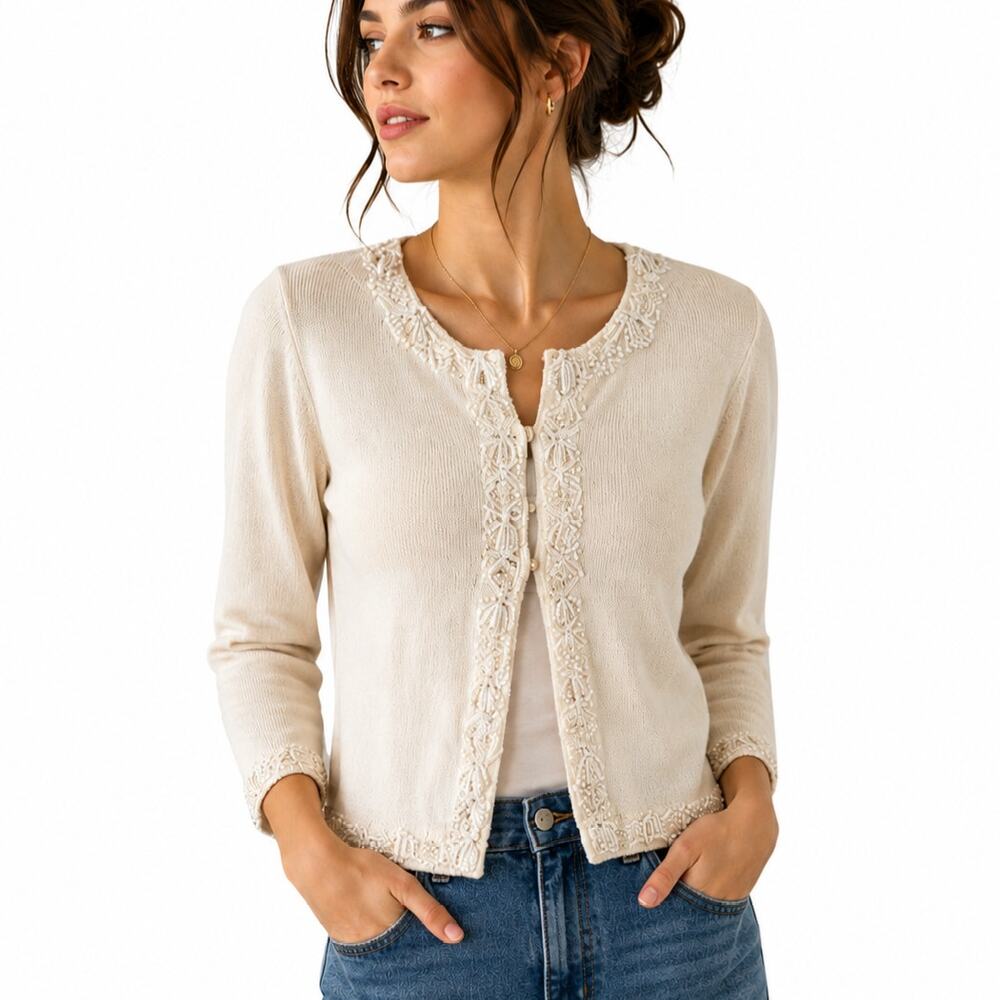 Moda International Beaded Silk Cashmere Blend Cardigan Ivory Cream Size Large